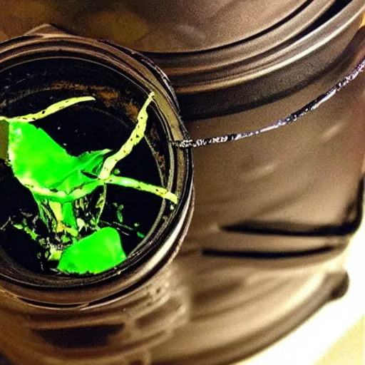 Image similar to “photo of a single wilted flower growing out of a Monster energy drink can with holes oozing black liquid with server cables and cat-5 cables everywhere surrounding it”