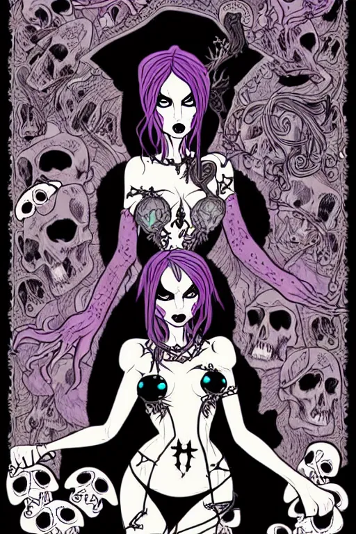 Prompt: fantasy comic style full body portrait of a gothic fairy surrounded by skulls and mushrooms, in the style of wendy pini and Æon Flux, intricate, fine inking lines, extremely detailed, flat colors