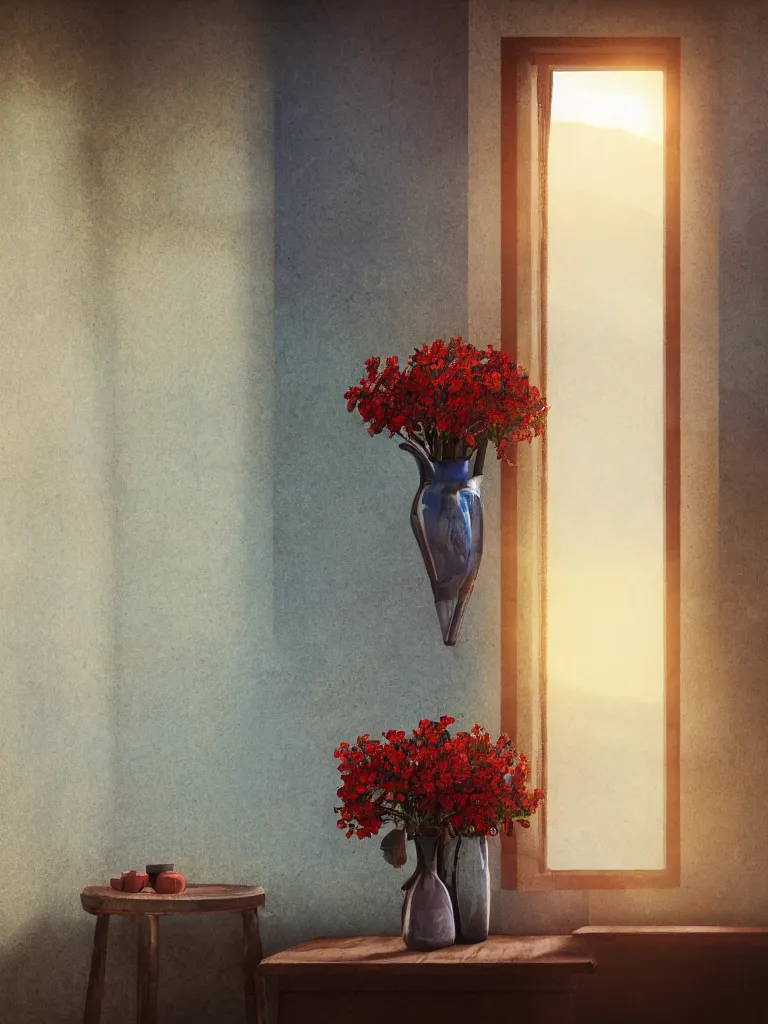 Image similar to a old house window with a vase of red flowers with view to a sunrise, blue wall, a wooden chair near the window, concept art, octane render, unreal engine 5, trending on deviantart, highly detailed, high quality, hd, digital painting, masterpiece, geometric, symmetrical, low contrast, beautiful, high coherence, natural lighting, intense lighting