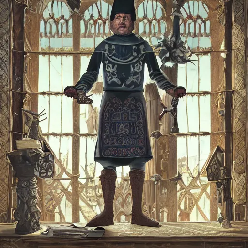 Image similar to full body portrait of Dennis hopper as a devious medieval lord standing on the right inside a big medieval Shop with tall windowpane, shelves full of medieval goods, morning light, trending on artstation, style of peter mohrbacher, unreal engine, octane render, intricate details, 8k high definition, beauriful, ornate, hyperrealistic