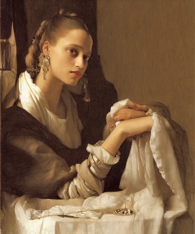 Prompt: a highly detailed, beautifully lit close portrait of a pretty, young alicia vikander resting her head on a table by an open window, oil painting portrait by vermeer and bouguereau and waterhouse