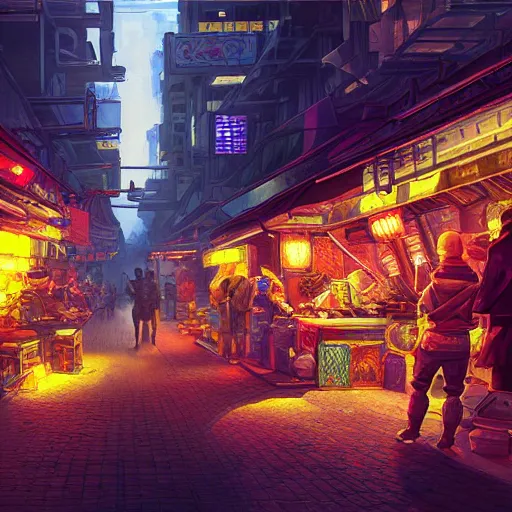 Image similar to fantastic lighting, pixel art, high detail, cyberpunk market, 2 d