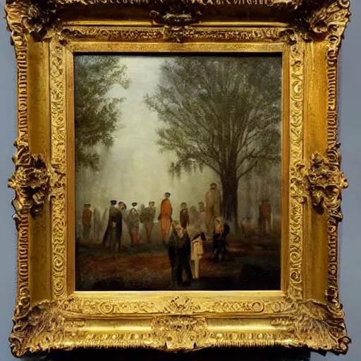 Image similar to huge tree with a lot of hangmans, southern gothic art, 1 9 th century scene, painted by friedrich caspar david