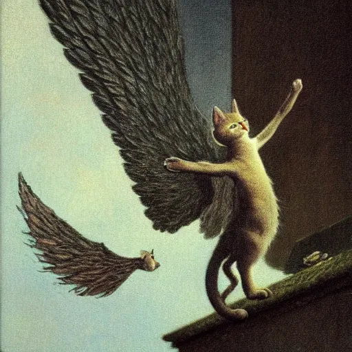 Image similar to a cat with wings an illustration by Michael Sowa, but as photography