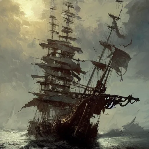 Image similar to pirate ship on the road, hyperdetailed, artstation, cgsociety, by greg rutkowski, by Gustave Dore