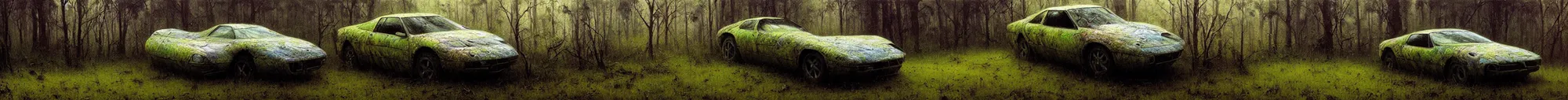 Image similar to hyper realistic painting of an abandoned Supercar covered with moss, an Australian summer landscape, by Zdzislaw Beksinski