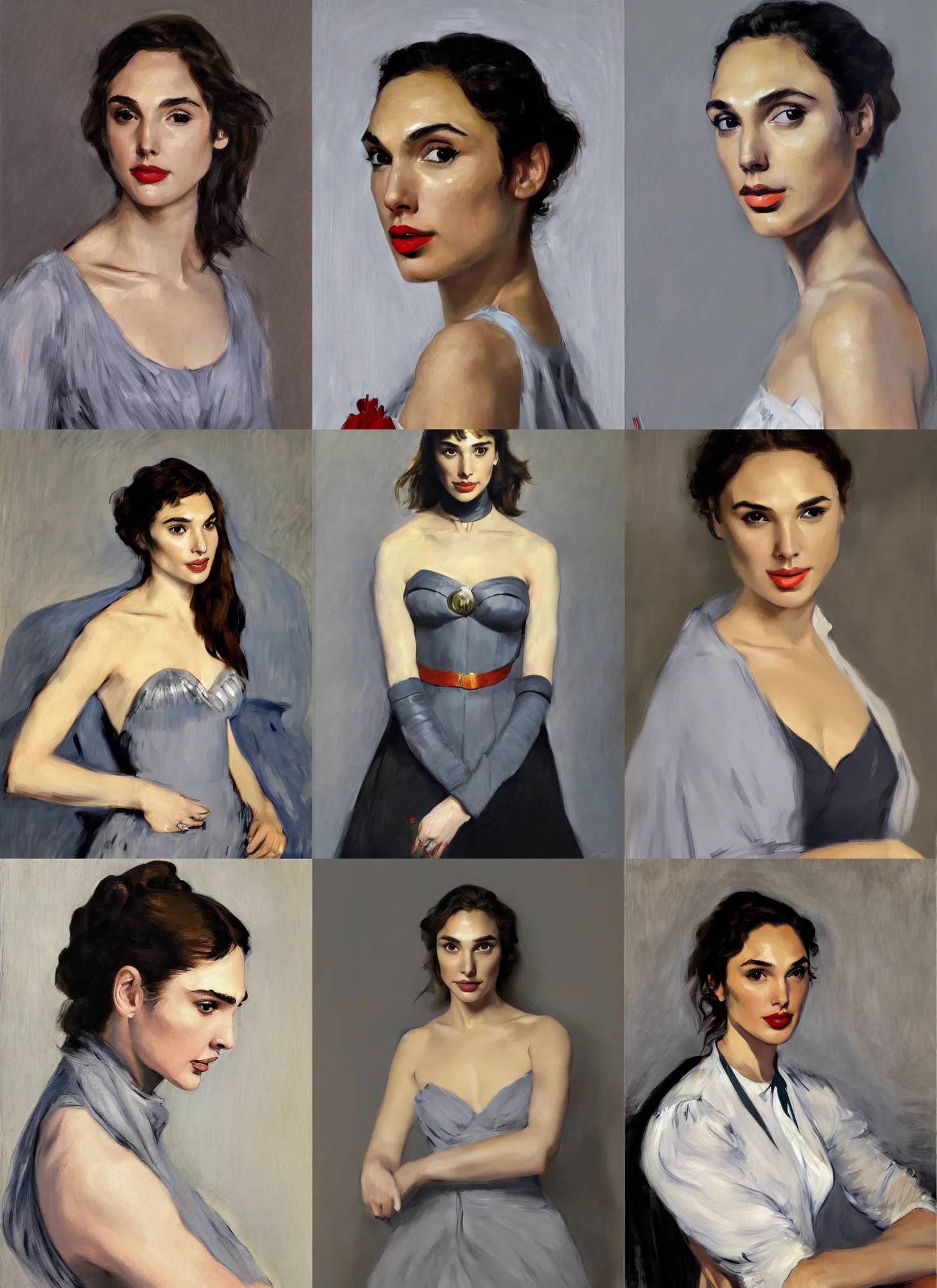 Prompt: portrait of Gal Gadot, with light grey backdrop, oil painting by Manet, super detailed, 4k, hd