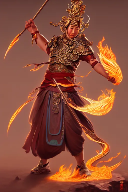 Image similar to charming nezha, highly detailed, man holding spear, flame everywhere, epic pose, masterpiece chinese fantasy character portrait, highly detailed, digital painting, trending on artstation, concept art, sharp focus, illustration, global illumination, ray tracing, realistic shaded, art by artgerm and greg rutkowski and fuji choko and viktoria gavrilenko and hoang lap