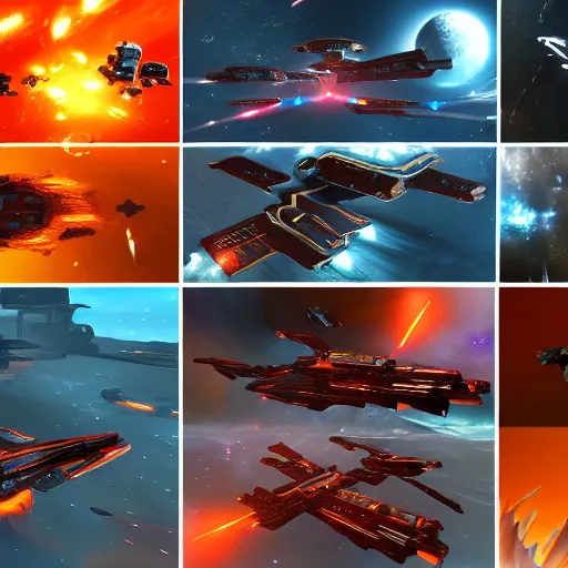 Prompt: spaceships from every game battling in outerspace. laser beams, explosions, destructible terrain, high detail, 8 k, artstation, cinematic lighting, intricate, highly detailed, hdr, sharp, focus