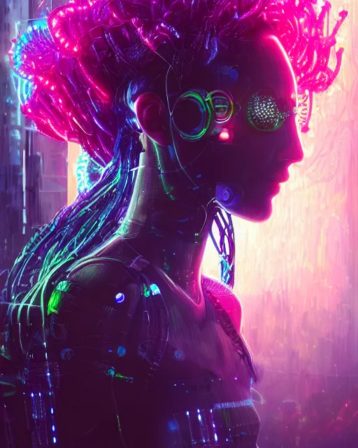 Prompt: a cyberpunk close up portrait of cyborg medusa, electricity, rainbow, snakes in hair, sparks, bokeh, soft focus, skin tones, warm, daylight, geometric, by unreal engine, paul lehr, jesper ejsing