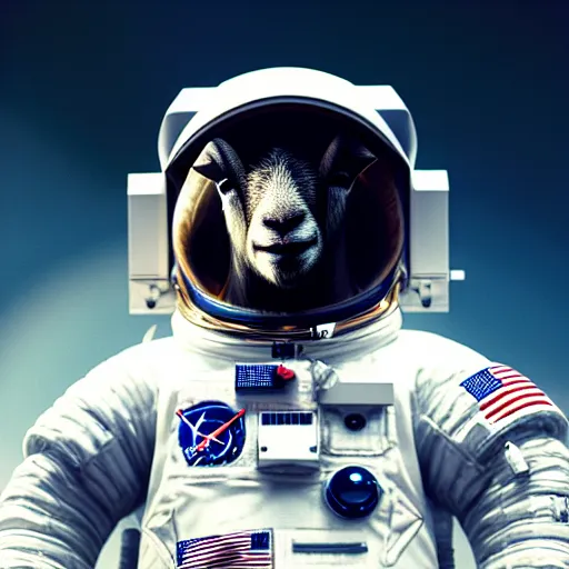 Image similar to professional photo goat in astronaut suit on the moon, closeup shot, hyperrealistic masterpiece, trending on artstation, cgsociety, kodakchrome, golden ratio, cinematic, composition, beautiful lighting, hyper detailed, sharp focus, octane render, 4 k, unreal engine