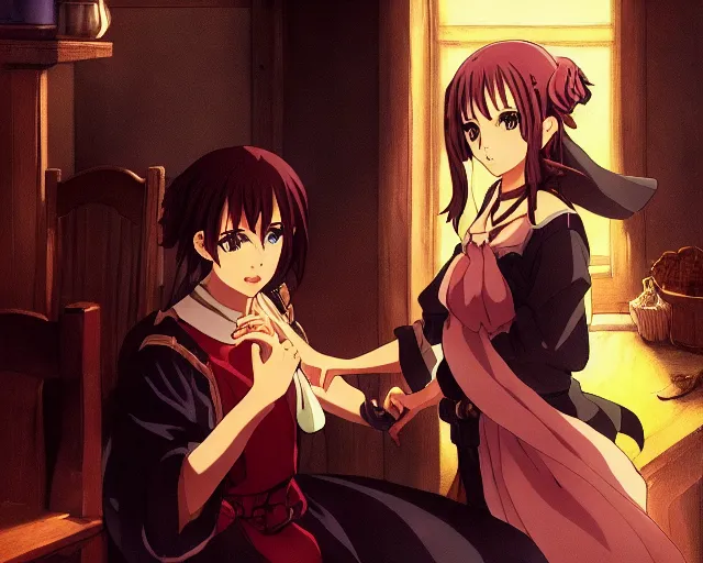 Image similar to key anime visual portrait of a young female witch in a tavern interior defending a companion, dynamic pose, dynamic perspective, cinematic, dramatic lighting.