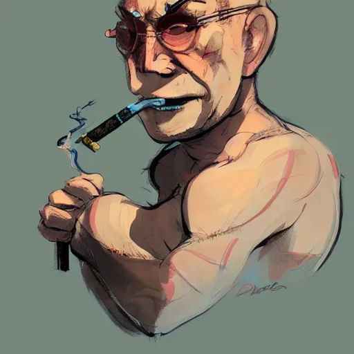 Image similar to concept art for a balding middle - aged character wearing a singlet while smoking, by dustin nguyen, akihiko yoshida, greg tocchini, trending on artstation, 8 k