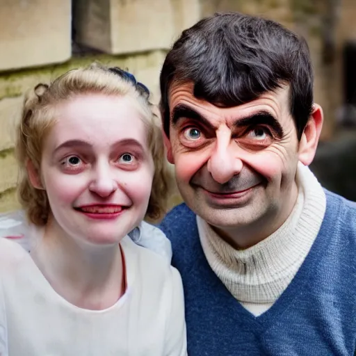 Prompt: A portrait mr bean elizabeth teams up with a teenage mr bean, perfect faces, 50 mm, award winning photography