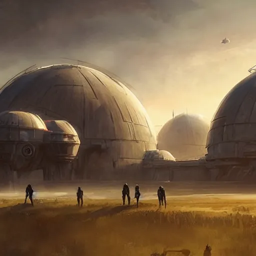 Prompt: star wars concept art by greg rutkowski, brutalist looking domes in the middle of a savannah landscape, cinematic sunset lighting, dramatic atmosphere.