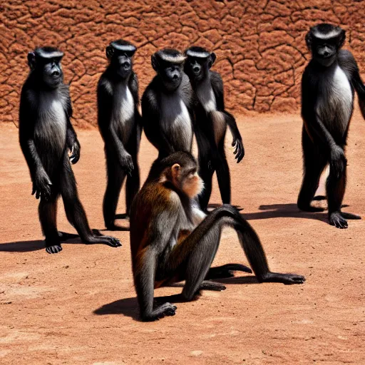 Image similar to Contamporary art photography of group of monkey's that wears suits standing around Obsidian monolith in the desert