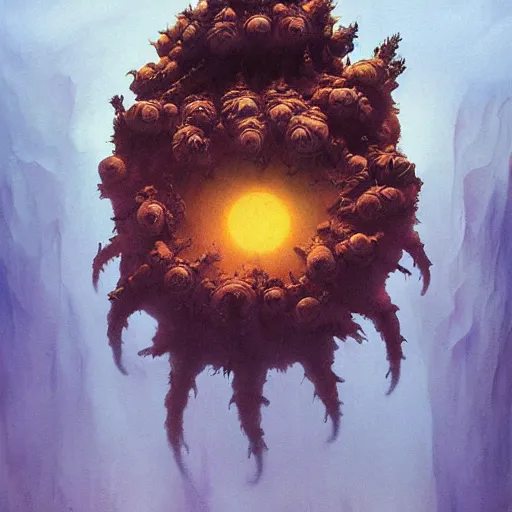 Image similar to fractal tardigrade terror and horror painting descending on earth, by greg rutkowski and studio ghibli, inspired by zdzisław beksinski, cinematic, atmospheric, dramatic colors, dawn.