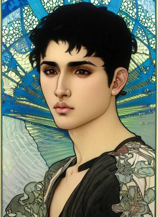 Prompt: realistic detailed face manga portrait of a young arabic man with short black hair dressed with a simple white t - shirt, white background white bank studio light, art by yoshitaka amano alphonse mucha, ayami kojima, greg hildebrandt, and mark brooks