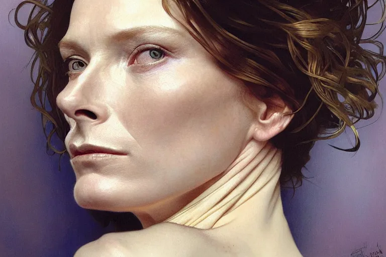 Prompt: hyper realistic portrait of tilda swildon, from the side, by lee bermejo, alphonse mucha and greg rutkowski