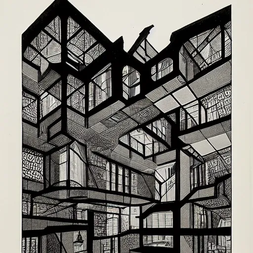 Prompt: impossible penrose house by M.C. Escher, painting with intricate details, black and white