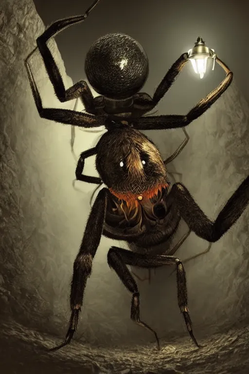 Image similar to a close - up view of an old - fashioned explorer holding a lamp in front of him in a dark tunnel, with an enormous monstrous spider behind him, dramatic lighting, low angle, wide angle, fantasy art, highly detailed digital art