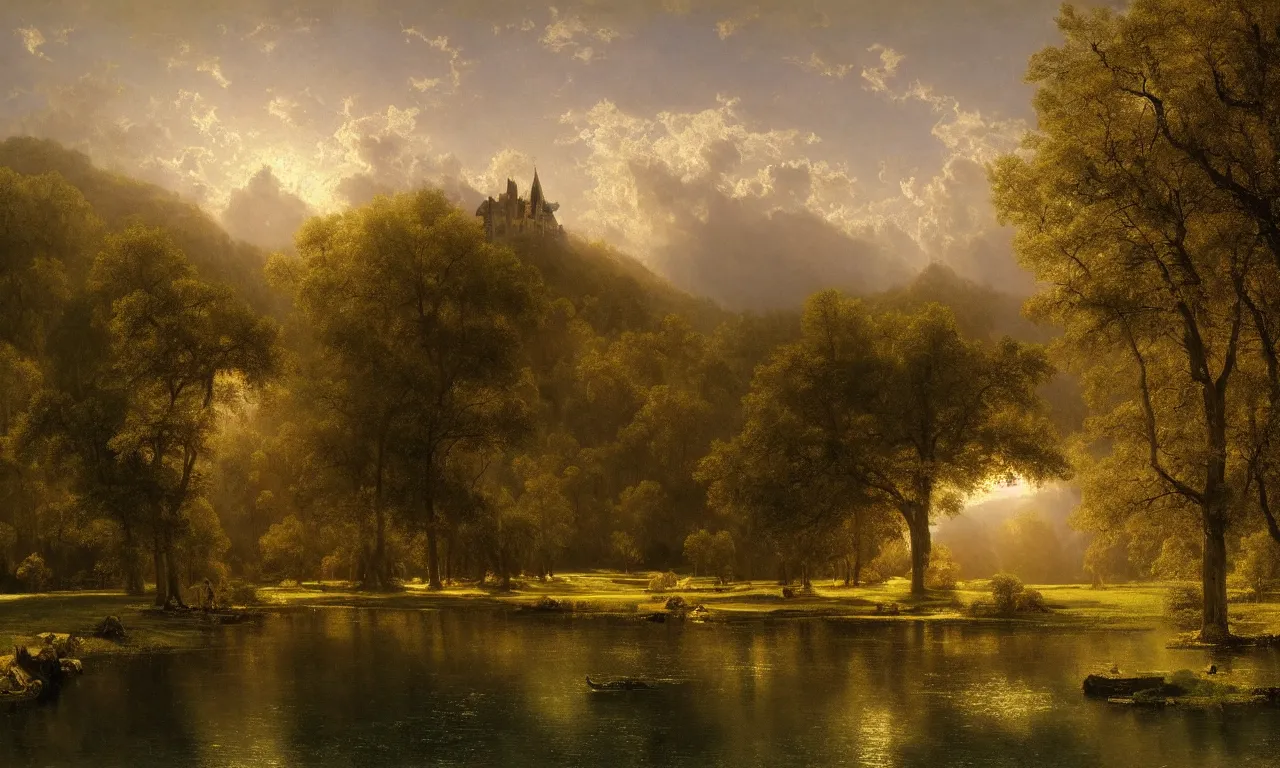 Image similar to beautiful illustration of chateau in a serene landscape, by albert bierstadt, magic realism, narrative realism, beautiful matte painting, heavenly lighting, retrowave, 4 k hd wallpaper