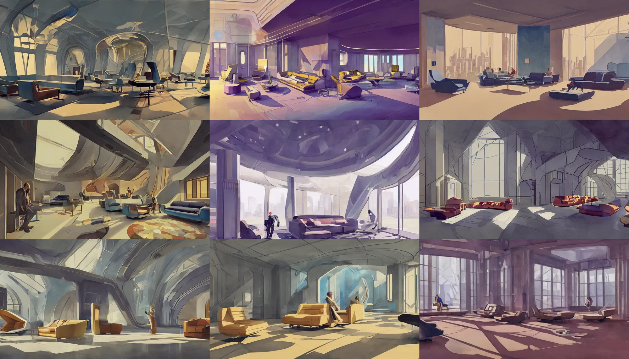 Image similar to a beautiful illustration of futuristic interior hall, lots of furniture, sofa, waiting room, big medium small, sacred geometry, golden ratio, in watercolor gouache detailed paintings, in style of syd mead, trending on artstation,8k, panel, hard surface, vent, zaha hadid