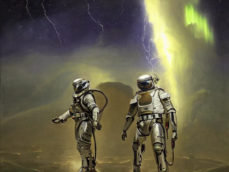 Image similar to a detailed profile oil painting of a lone shock trooper in a spacesuit with reflective helmet, technology flight suit, bounty hunter portrait symmetrical and science fiction theme with lightning, aurora lighting clouds and stars by beksinski carl spitzweg and tuomas korpi. baroque elements, full-length view. baroque element. intricate artwork by caravaggio. Trending on artstation. 8k