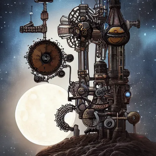 Image similar to an illustration of a mechanical moon against a black sky, steampunk, trending on artstation