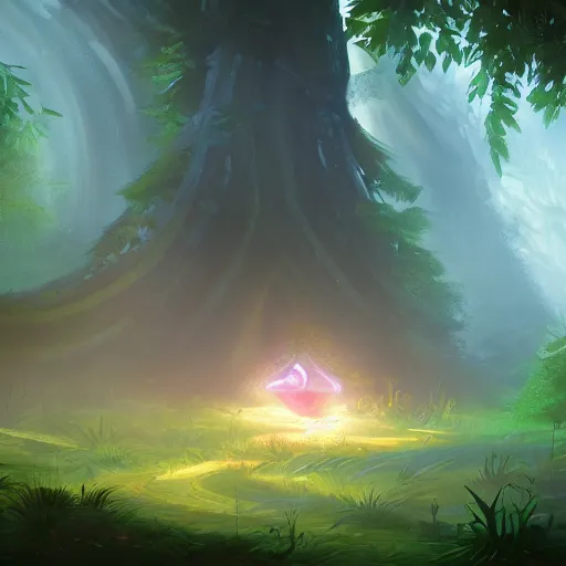 Prompt: a magical glowy artifact in the middle of a lush forest, digital painting, artstation contest winner, high quality, fantasycore