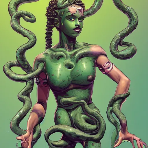 Prompt: Cute teenage medusa in 1995, green skintone, head covered in small writhing snakes, croptop and shorts, stylized illustration by artgerm, chris mcgrath, greg ruth, Achille Mauzan, John K, upper body, candid side pose