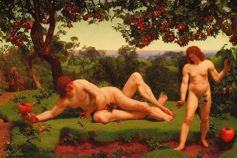 Image similar to painting of adam and eve, in the garden of eden, red apple, nature, beautiful, sunset, romantic, by ludwig deutsch and maxfield parrish, patterned tilework, extremely detailed, cinematic lighting, smooth sharp focus