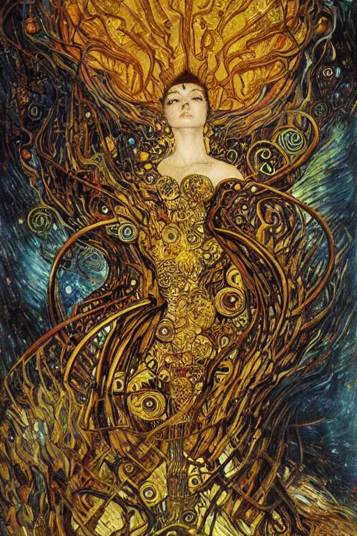 Image similar to Divine Chaos Engine by Karol Bak, Jean Deville, Gustav Klimt, and Vincent Van Gogh, visionary fractal structures, spirals