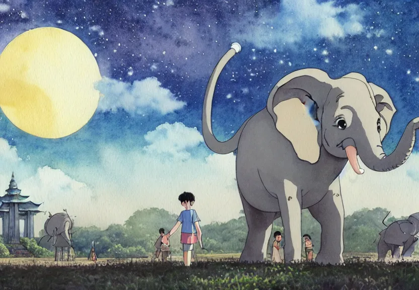 Image similar to a hyperrealist watercolor concept art from a studio ghibli film showing a giant grey dumbo the elephant. a temple is under construction in the background in india on a misty and starry night. by studio ghibli. very dull muted colors