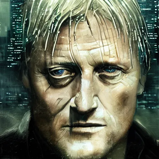 Prompt: cinematic portrait of rutger hauer in blade runner, perfect face, neon rain, moody, elegant, by alyssa monks, highly detailed, symmetrical face, fine details, masterpiece, trending on artstation