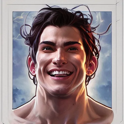 Image similar to character concept, portrait, symmetrical head - on centralized, laughing young man with strong body. detailed, high quality, dynamic lightning, fantasy, scenematic. artwork by artgerm, wlop, alex ross, greg rutknowski, alphonse mucha