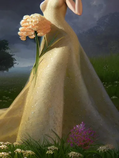 Prompt: venus, wearing a magnificent dress, sitting on a divan in the middle of a beautiful green plains full of little flowers. intricate, elegant, highly detailed, digital painting, artstation, concept art, sharp focus, illustration, by justin gerard and artgerm, 8 k
