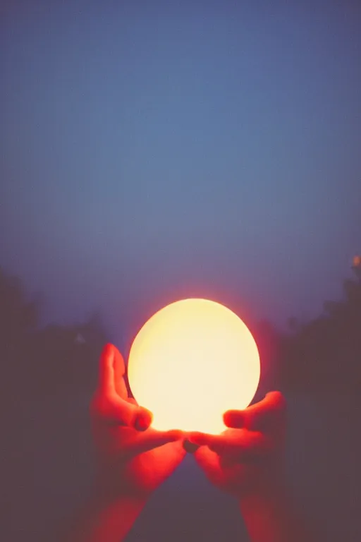 Image similar to agfa vista 4 0 0 photograph of a guy holding a glowing ball of magic, back view, synth vibe, vaporwave colors, lens flare, moody lighting, moody vibe, telephoto, 9 0 s vibe, blurry background, grain, tranquil, calm, faded!,