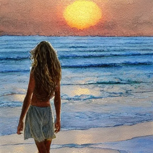 Prompt: a woman walking by the beach at sunset, photorealistic watercolor by Steve Hanks