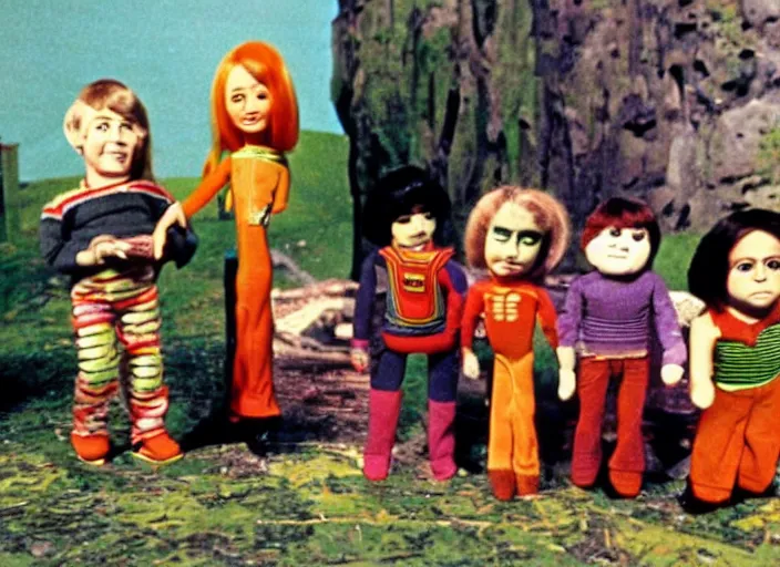 Image similar to a scene from a 1 9 7 0 s british kids tv programme by the bbc and gerry anderson, puppets, supermarionation, vhs distortion, folk horror, hauntology