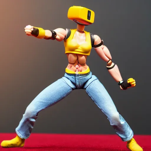 Image similar to action figure of a skinny blonde wrestler wearing a vr headset and wearing a t - shirt and jeans, high detail, realistic,