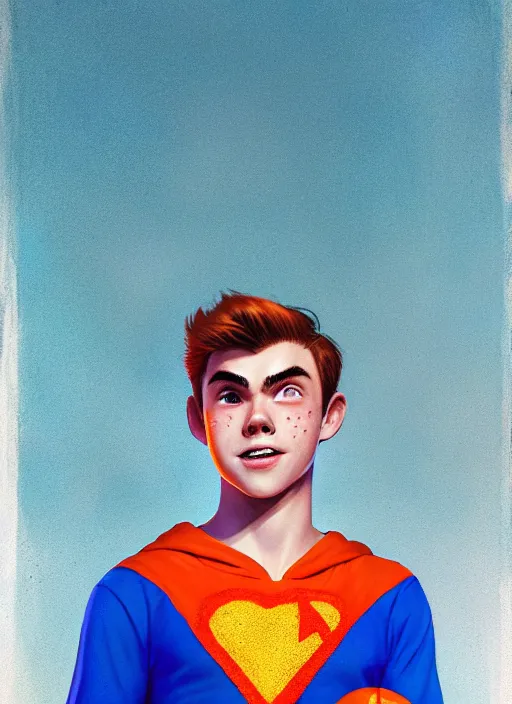 Image similar to friendly teenage archie andrews wearing an orange superhero costume with heart logo, heart, freckles, blue cape, heart emblem on chest, blue cape, intricate, elegant, glowing lights, highly detailed, digital painting, artstation, sharp focus, illustration, art by wlop, mars ravelo and greg rutkowski