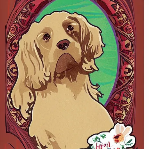 Prompt: a birthday card with a cute cocker spaniel dog in the style of alphonse mucha