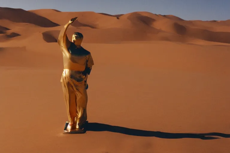 Prompt: Golden statue of Yung Lean in the middle of the Gobi Desert, award-winning photo, 35mm film