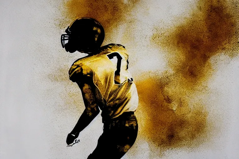 Prompt: beautiful serene foorball player, healing through motion, life, minimalistic golden and ink airbrush painting on white background