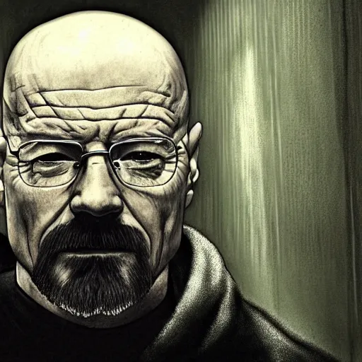 Image similar to Walter white hiding in a sewer, dark, unlit, photorealistic