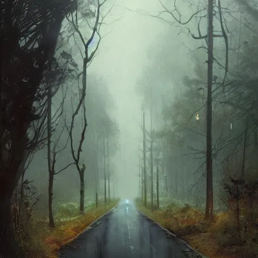 Image similar to a dark, mossy, gloomy, rainy road surrounded by woodland trees, leading to a beautiful, radiant house, illustrated by greg rutkowski and gaston bussiere, cgsociety contest winner, trending on artstation, intricately defined, complexly detailed, gloomy, rainy atmosphere, 4 k