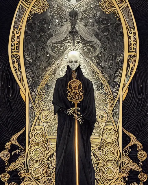 Image similar to a skeleton in a black cloak, highly detailed, very intricate, art nouveau, gold filigree, left right symmetry, tarot concept art watercolor illustration by mandy jurgens and alphonse mucha and alena aenami, featured on artstation