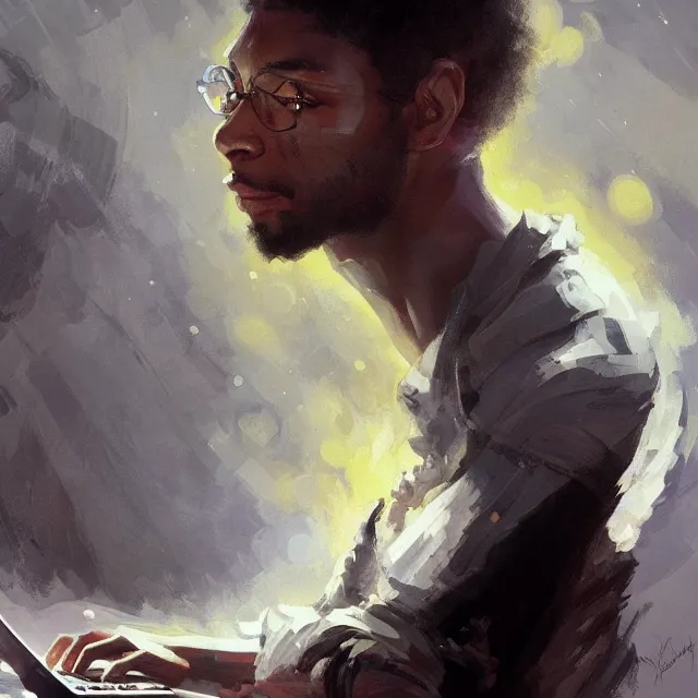 Image similar to a lightskinned black man with short hair, fantasy, using a macbook, elegant, intricate, digital painting, artstation, concept art, smooth, sharp focus, illustration, art by konstantin korovin and daniel f. gerhartz and john howe