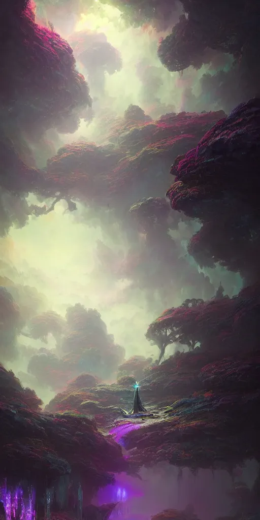 Prompt: a psychedelic realm hidden away in a pocket of ethereal understanding, astral and alien city, in the style of greg rutkowski, and wlop, and lisa frank, and bob ross, and ruan jia, illustration, epic, fantasy, hyper detailed, smooth, unreal engine, sharp focus, ray tracing